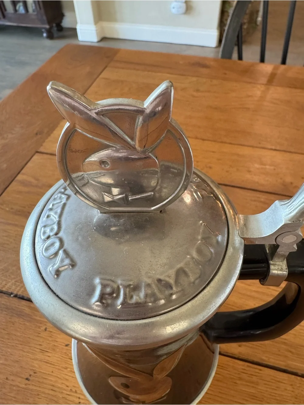 Rare Vintage PLAYBOY Black Ceramic Beer Stein with Metal Bunny and Base
